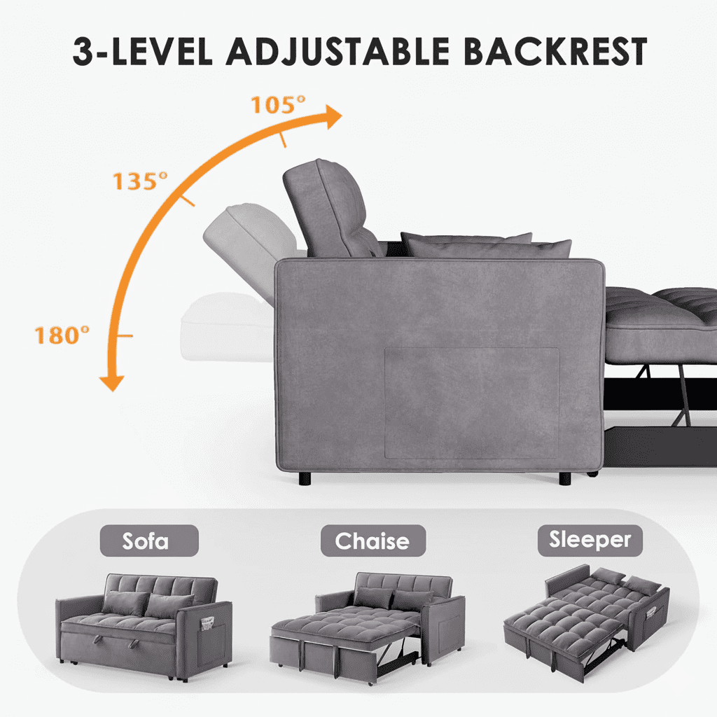 3 in 1 Sleeper Sofa Bed, 55" Convertible Pull Out Couch with Adjustable Backrest, Velvet Loveseat Sofa with Side Pockets for Living Room, Bedroom, Apartment, and Small Space (Dark Gray)