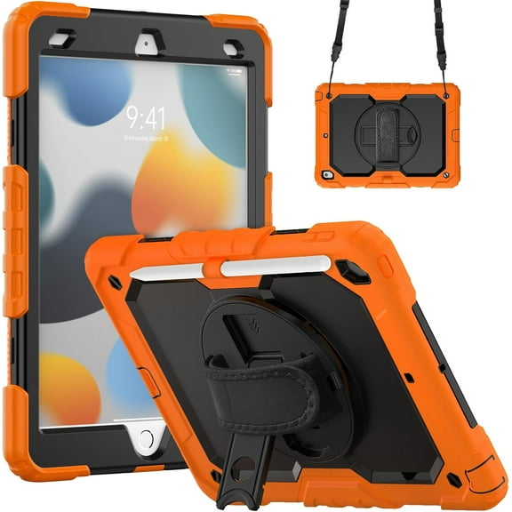 REQO Heavy Duty Protective Tablet Case for iPad 10.2" 9th/8th/7th Gen, 3 in 1 Rainbow Colors Shockproof Silicone Cover with Pencil Holder,Shoulder Strap,Hand Strap,Fold Kickstand