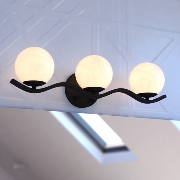 VAXCEL Monticello 3-Light Matte Black Bathroom Vanity Fixture, White Glass Globe