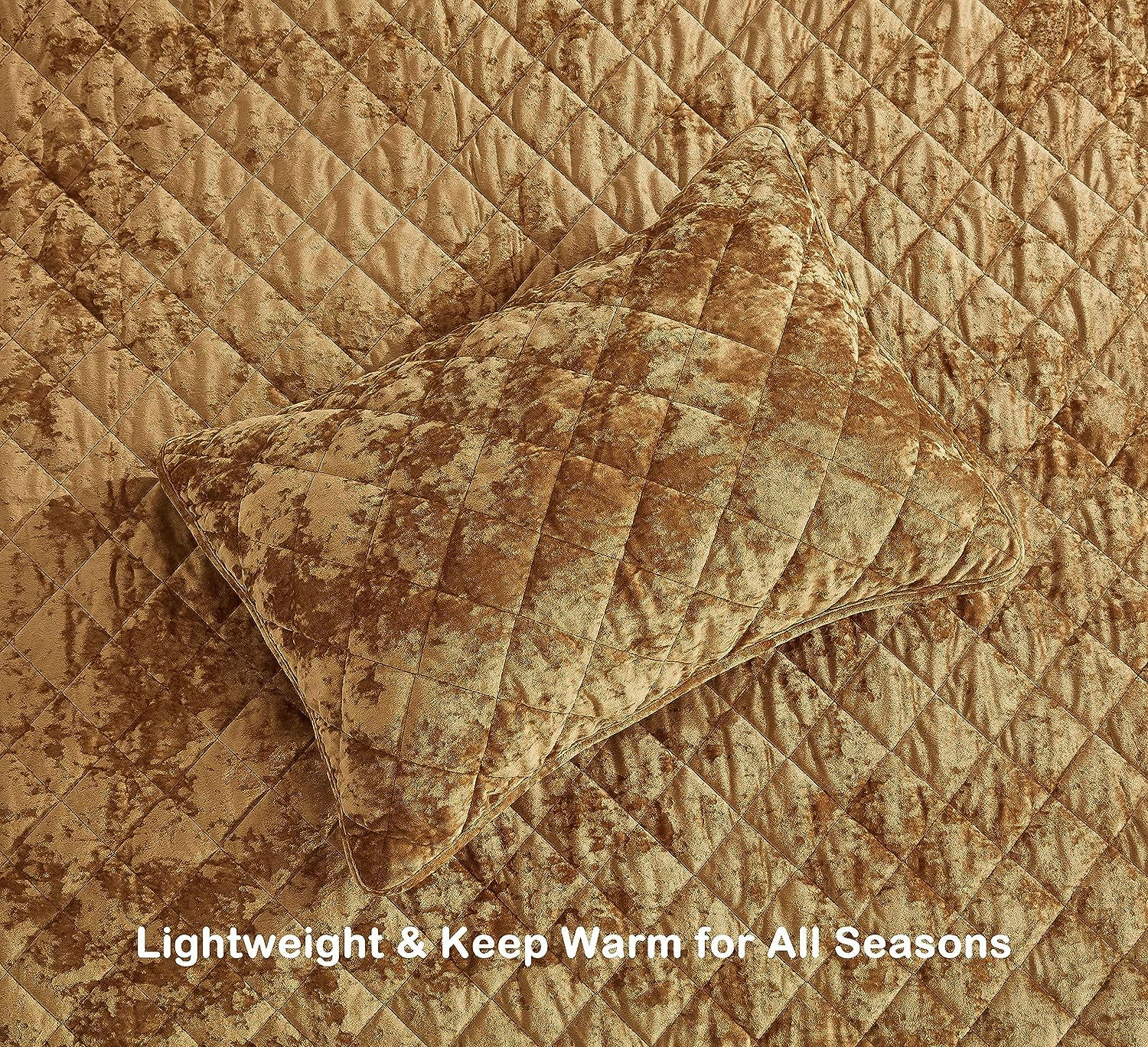 Chezmoi Collection Lux Caramel Gold Velvet Quilt Oversized King Set, 3-Piece Lush Plush Distressed Velvet Bedding All Season Lightweight Bedspread Brushed Microfiber Reverse with Diamond Stitch
