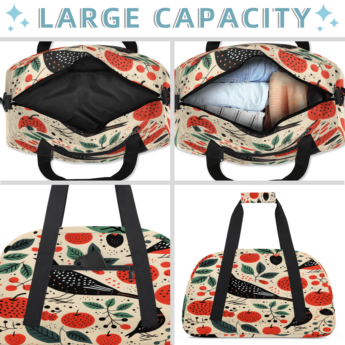 Herdesigns Apples and Birds Sports Duffle Bag for Women & Men, Farmhouse Gym Bag Dance Bag Overnight Bag Carry On Weekender Travel Bag