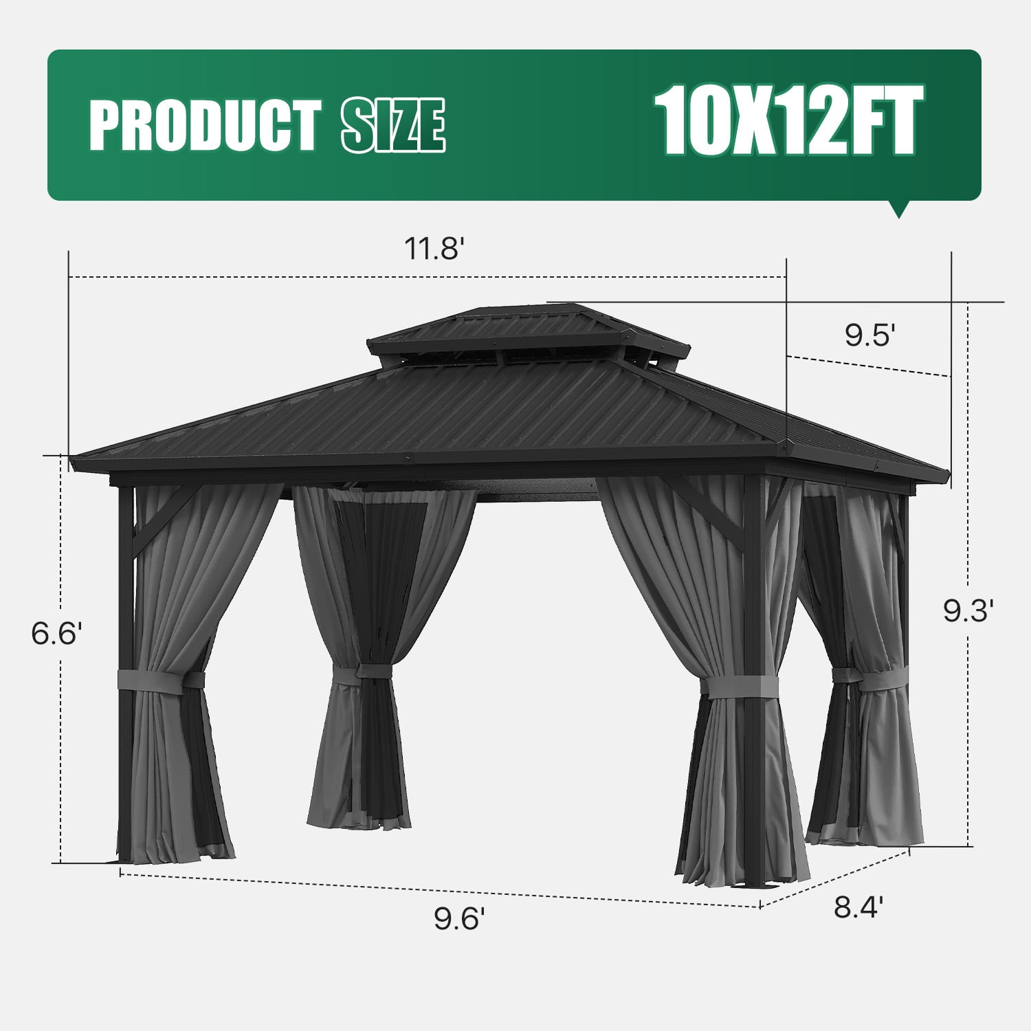 LazySunsets 12' X 10' Hardtop Gazebo with Double Roof Outdoor Gazebos for Patio Lawn and Garden Included Netting and Curtains, Gray