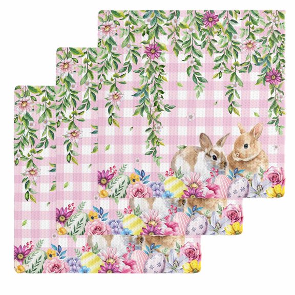 Spring Easter Kitchen Dish Towels for Drying Dishes Set of 3, Watercolor Floral Eggs Rabbits Leaf Pink Plaid Waffle Weave Microfiber Hand Tea Bathroom Towels Quick Dry & Absorbent Towel 12x12