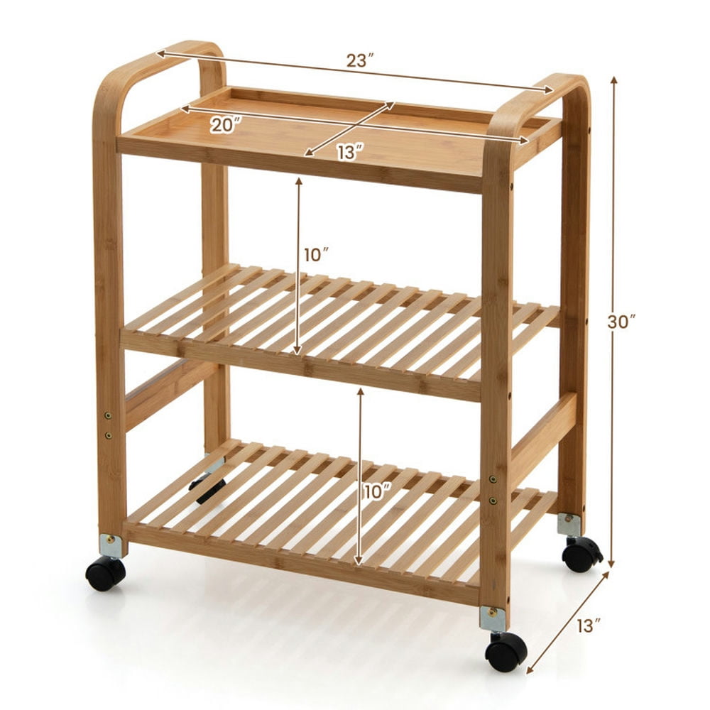 Finihen Rolling Cart, Kitchen Island Cart, Multifunctional Bamboo Kitchen Rolling Cart with Locking Casters and Sided Handles-3-Tier, for Kitchen, Dining Room, Natural