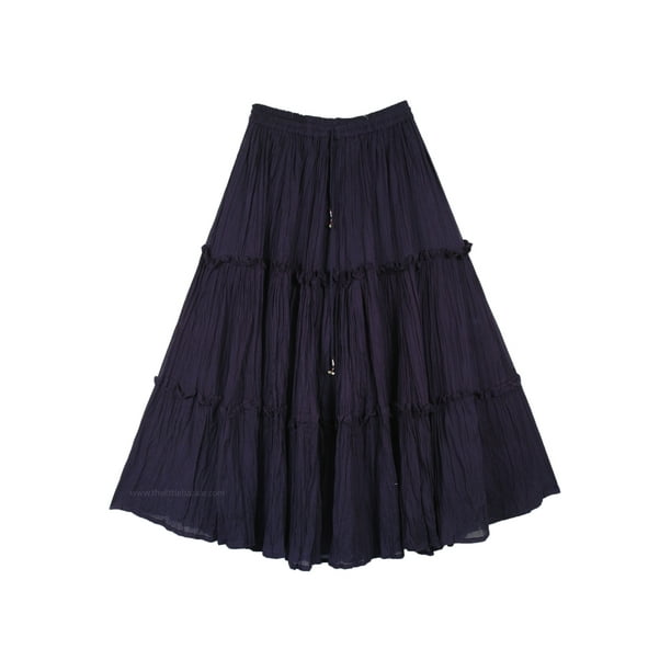 TLB Tiered Full Tiered Cotton Deep Navy Blue Midi Length Summer Skirt