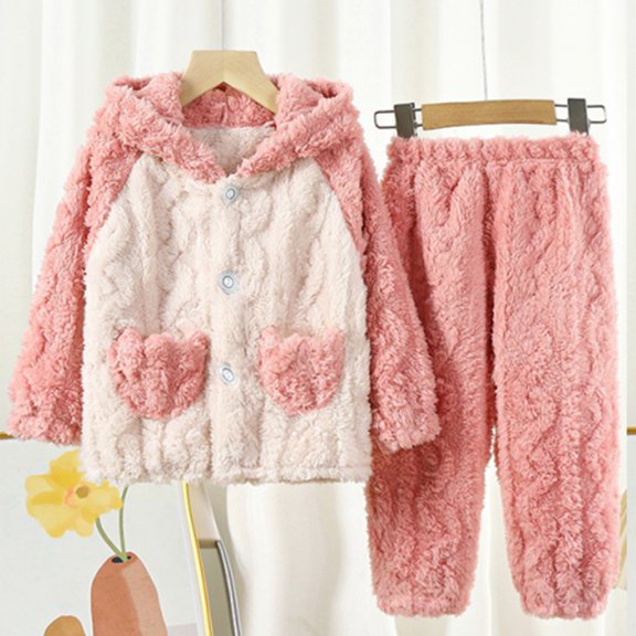 LIJCC Girls Flannel Plush Hooded Two Piece Outfit Cute Thermal Long Sleeve Pullover Tops Pants Suit Cozy Soft Winter Warm Fuzzy Sherpa Trendy Clothes Sets