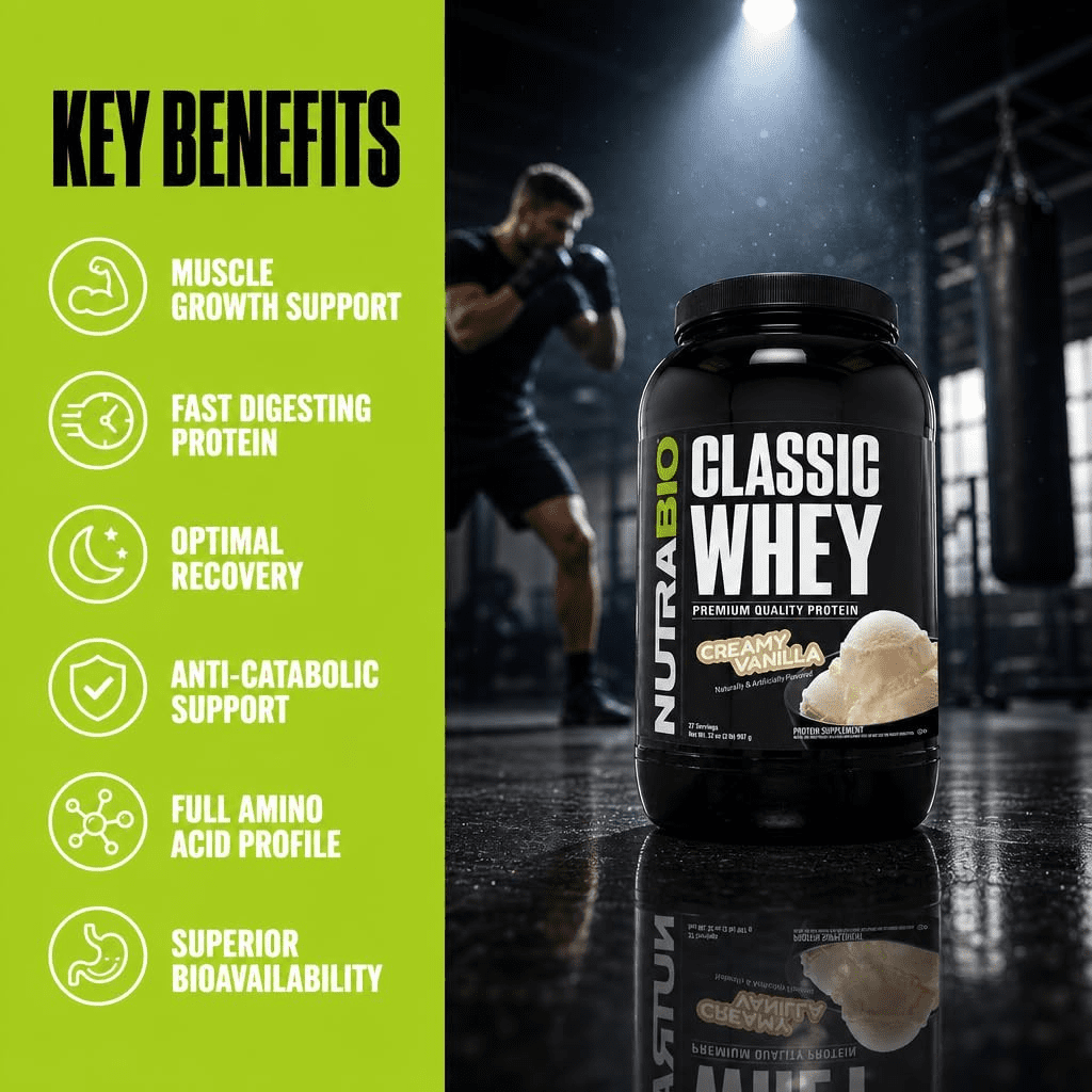 NutraBio Classic Whey Protein Powder- 25G of Protein Per Scoop - Full-Spectrum Amino Acid Profile - No Fillers, Artificial Colors, Preservatives - Low Glycemic Index - Creamy Vanilla, 2 Pounds