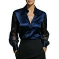 thumbnail image 2 of Uootdi Womens Satin Tops Sheer V Neck Button Down Long Sleeves Shirts Office Evening Going Out Tees Modern Boho Fashion Outfits Gift, 2 of 6