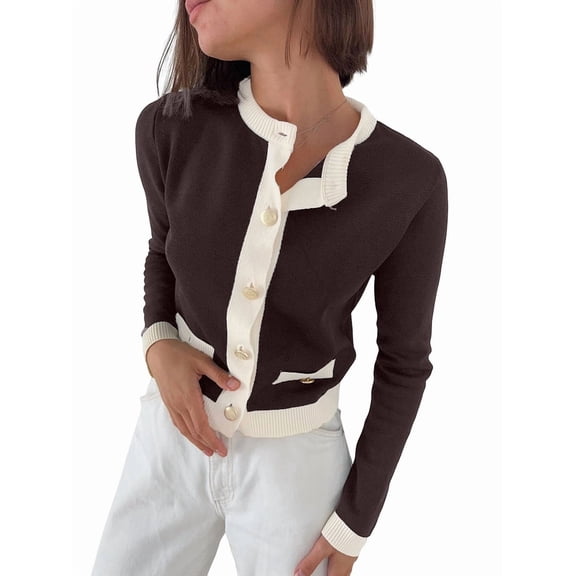 Women'S Contrast Trim Long Sleeve Button Front V Neck Cardigan Brown S