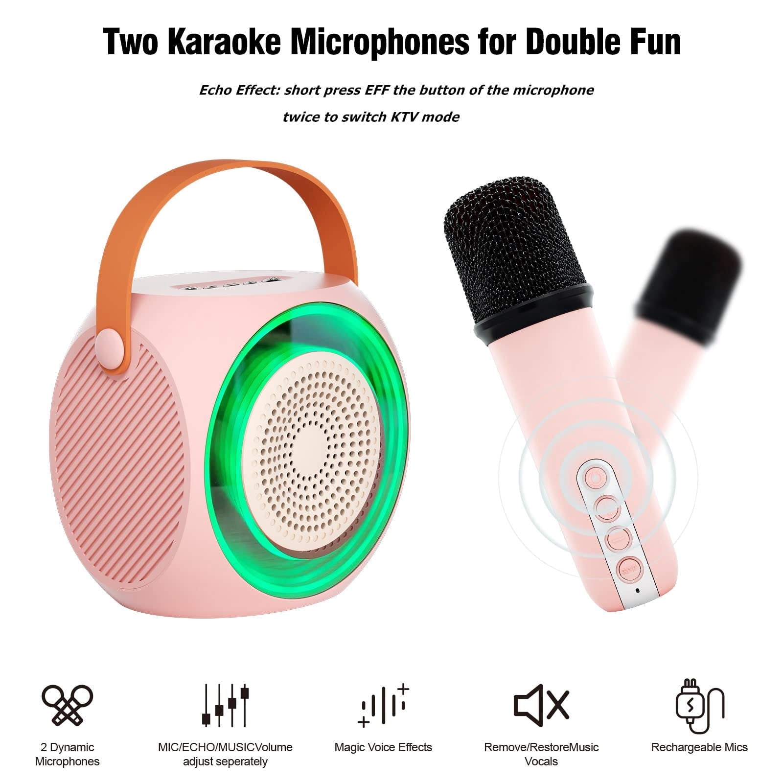 Mini Karaoke Machine for Kids Adults, Portable Karaoke Speaker with 2 Wilreless Microphones and Bluetooth for Home Party, Birthday Gifts for Boys/Girls,Pink