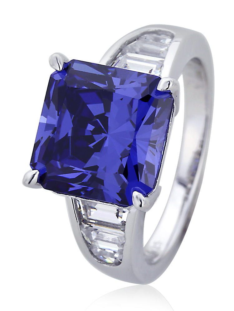 Sterling Silver Petite Princess Cut Blue Tanzanite Diamond Accent Cocktail Ring 