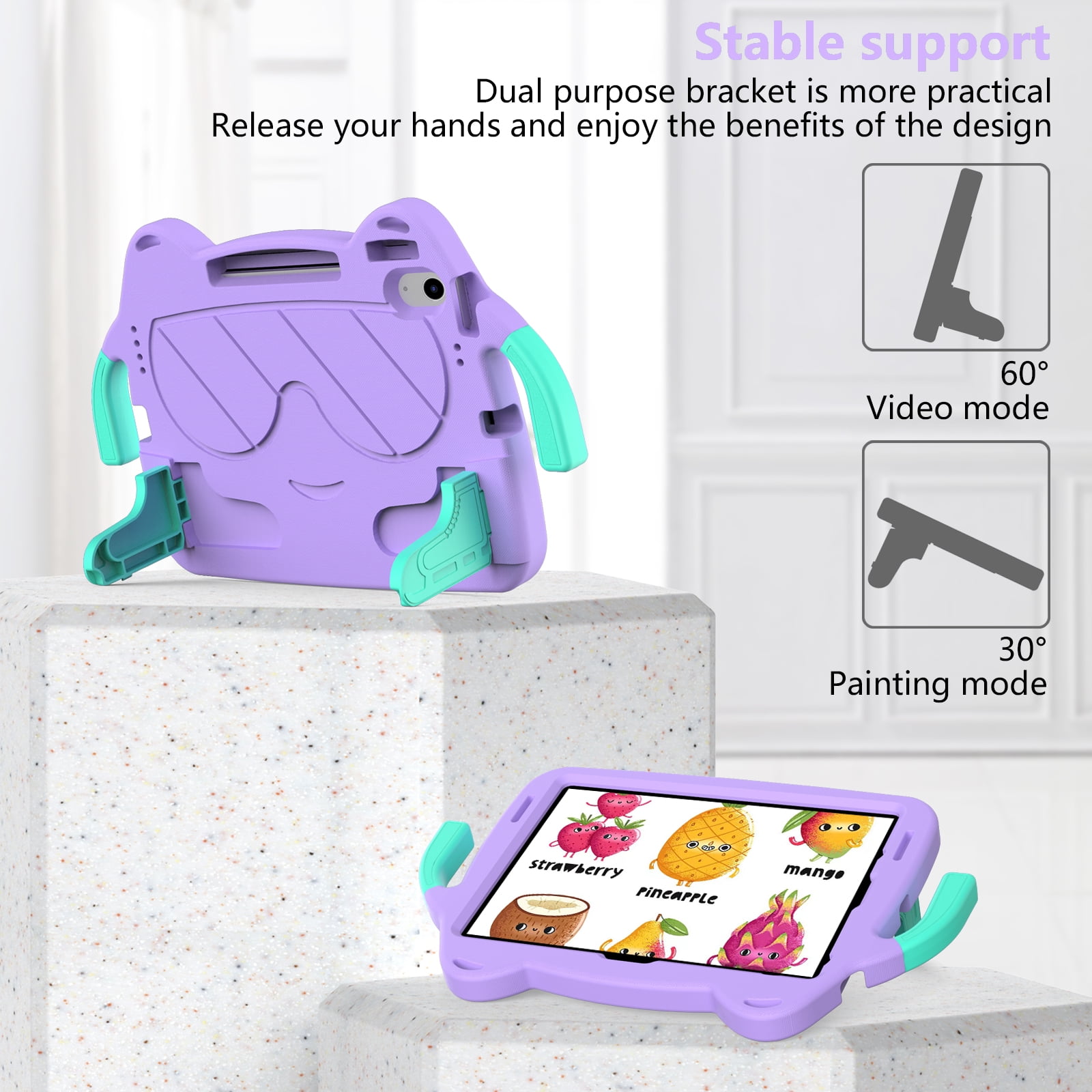 Dteck Cute Kids Case for iPad 10th Generation 10.9 Inch 2022 / iPad Air 5 / iPad Air 4 Silicone Child Proof Boys Girls Case with Built-in Pencil Holder Kickstand Handle Grip for 10.9 Inch iPad,Purple