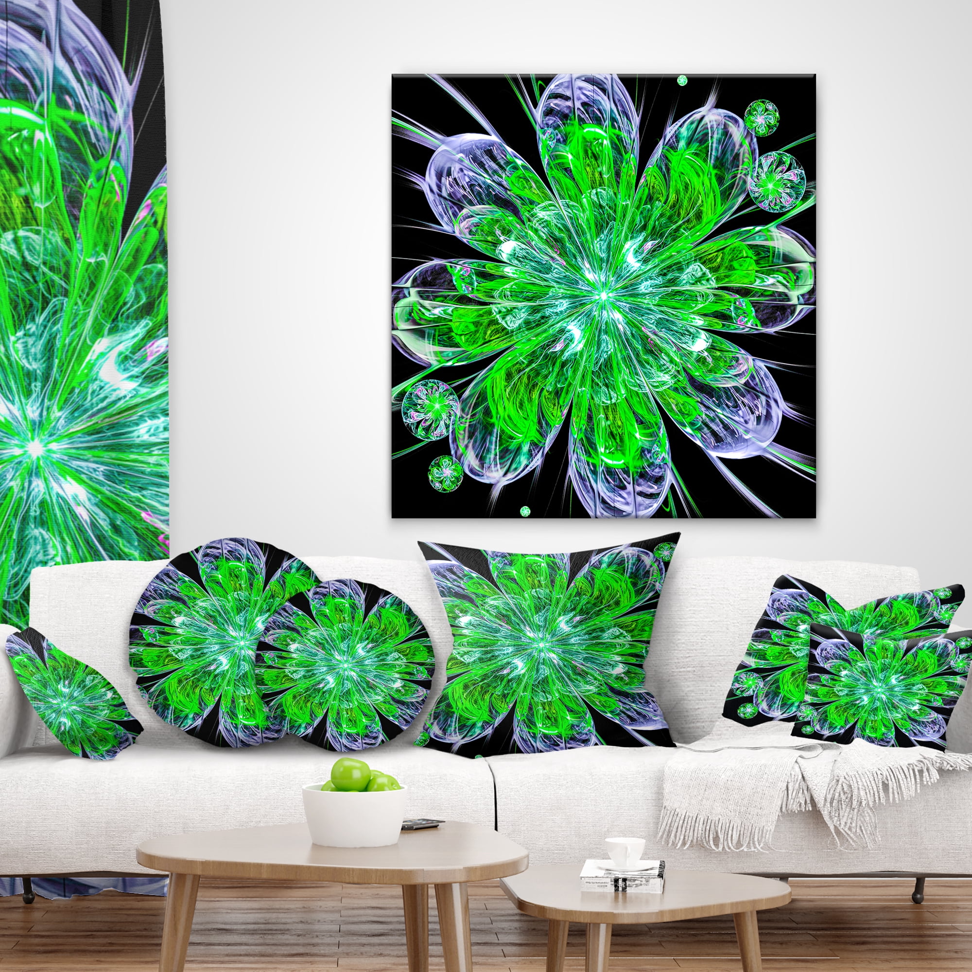 Designart Shiny Green Purple Fractal Flower on Black - Floral Throw Pillow - 12x20