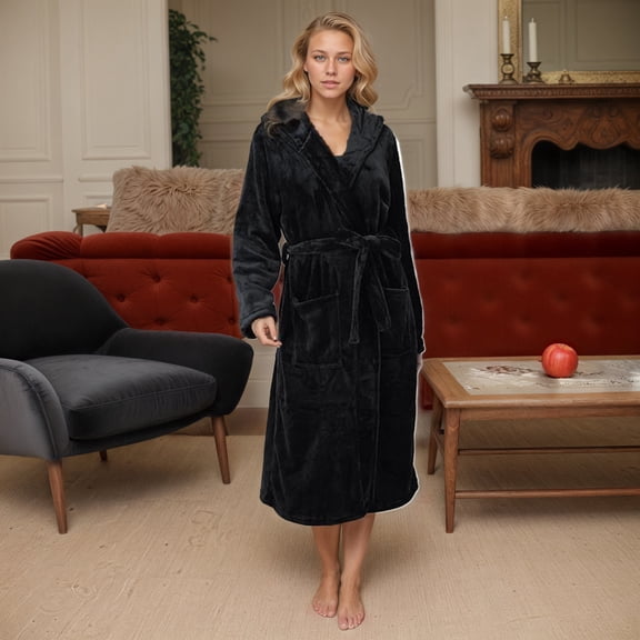 Flannel Plain Weave Hooded Bathrobe, Soft, Comfortable, and Warm Women's Nightgown, Short-Length Terry Cloth Shawl-Collar Bathrobe
