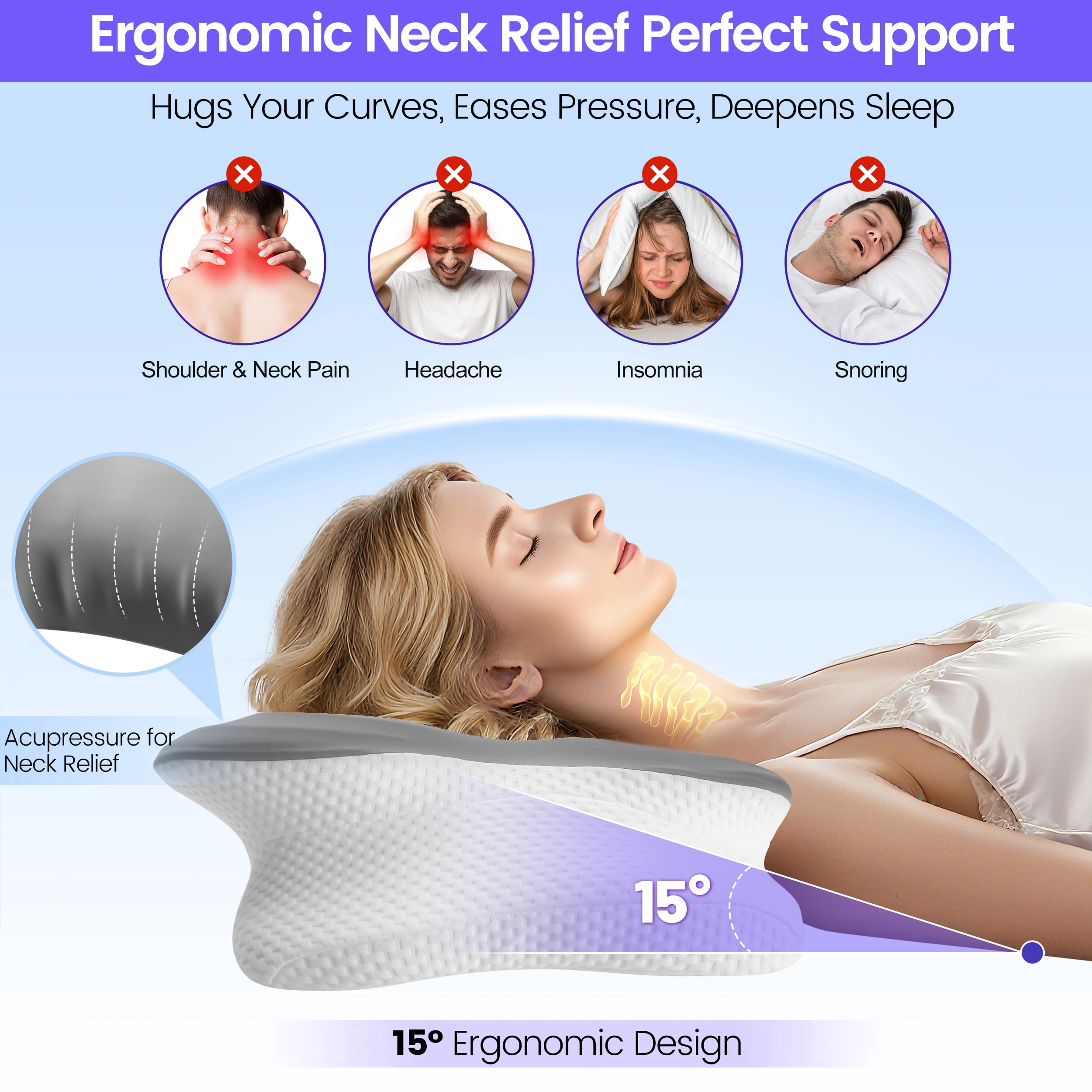 Molbox Ergonomic Cervical Pillows，Memory Foam Bed Pillow for Neck & Shoulder Pain Relief for Side Back Stomach Sleepers Gray
