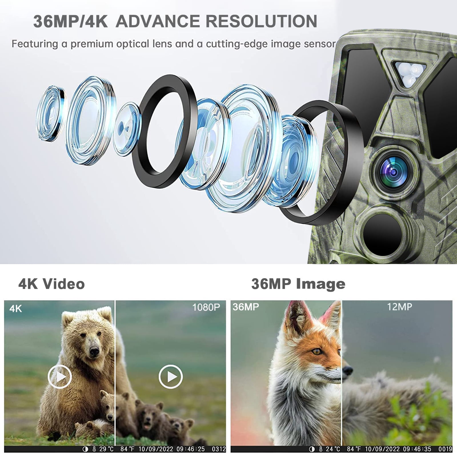 Suntekcam 36MP 4K Night Vision Hunting Trail Monitor with 32GB TF Card, Waterproof