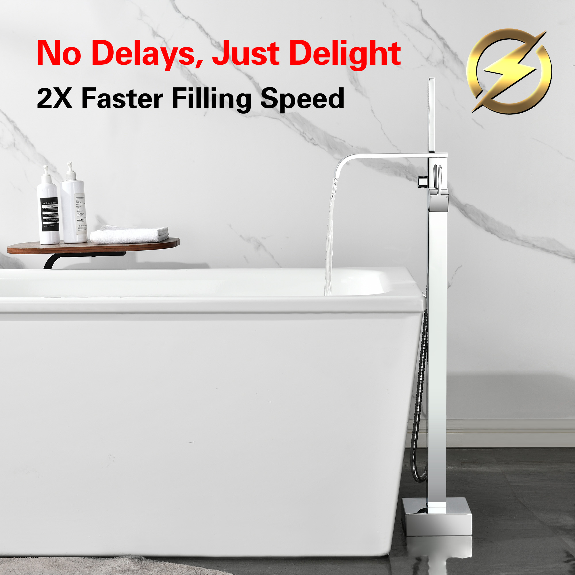SUMERAIN Chrome Freestanding Bathtub Faucet with Hand Shower, High Flow Waterfall Floor Mount Tub Filler with 360-degree Swivel Spout