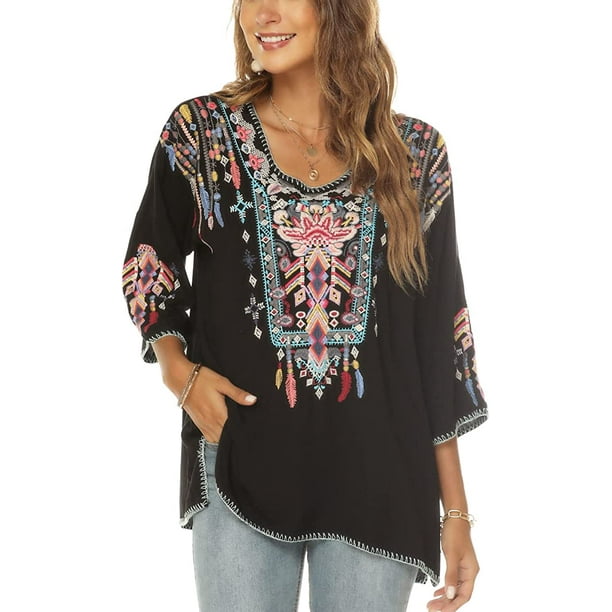 Women's Summer Boho Embroidery Mexican Bohemian Tops V Neck 3/4 Sleeve  Causal Loose Shirt Blouse Tunic