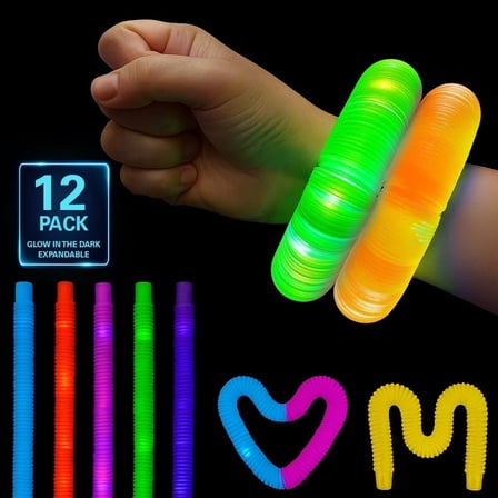 Christmas Light Up Pop Tube Toy 12 Pack, 25” Stretchy Glow in the Dark Pop Tube Sensory Fidget Gift Toys for Kids, Fun Christmas Gifts & Party Favors