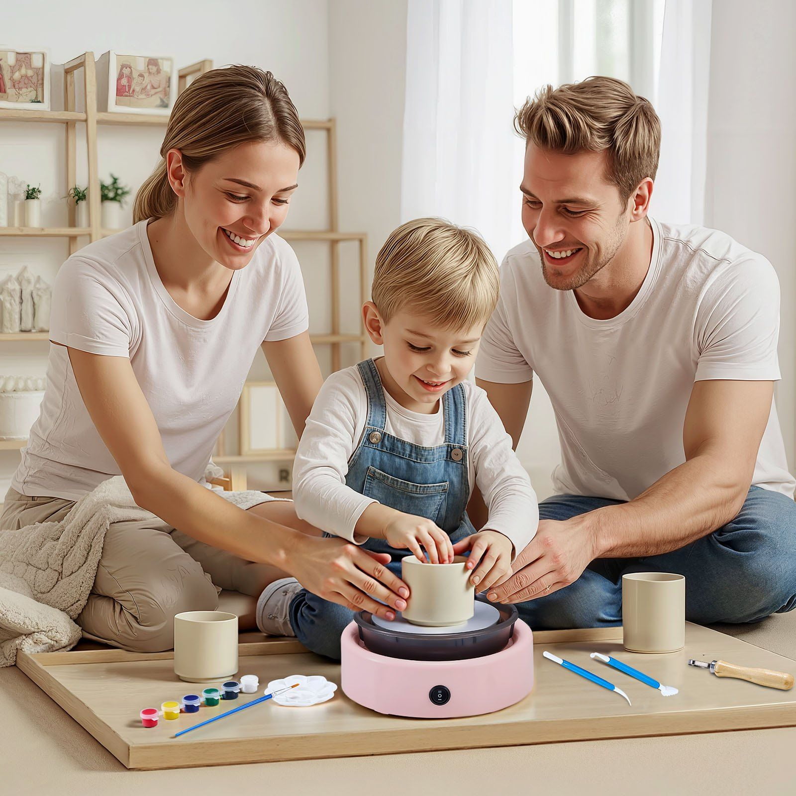 Mini Pottery Wheel Electric Clay Wheel for Kids, 6-Inch Aluminum Turntable with 30W Motor, Adjustable 0–140 RPM Speed, Forward/Reverse Spin, Complete Craft Kit Included, Pink, Fun Creative Gift