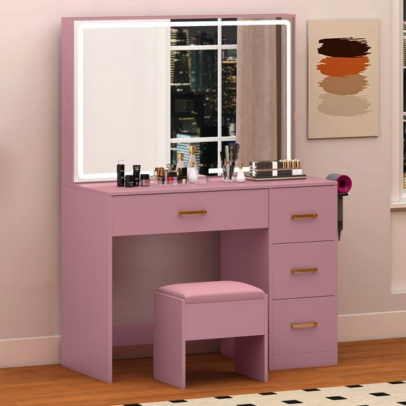 Uforic 4 Drawers Makeup Desk with LED Mirror, Vanity Table with Power Strip, Stool, Pink