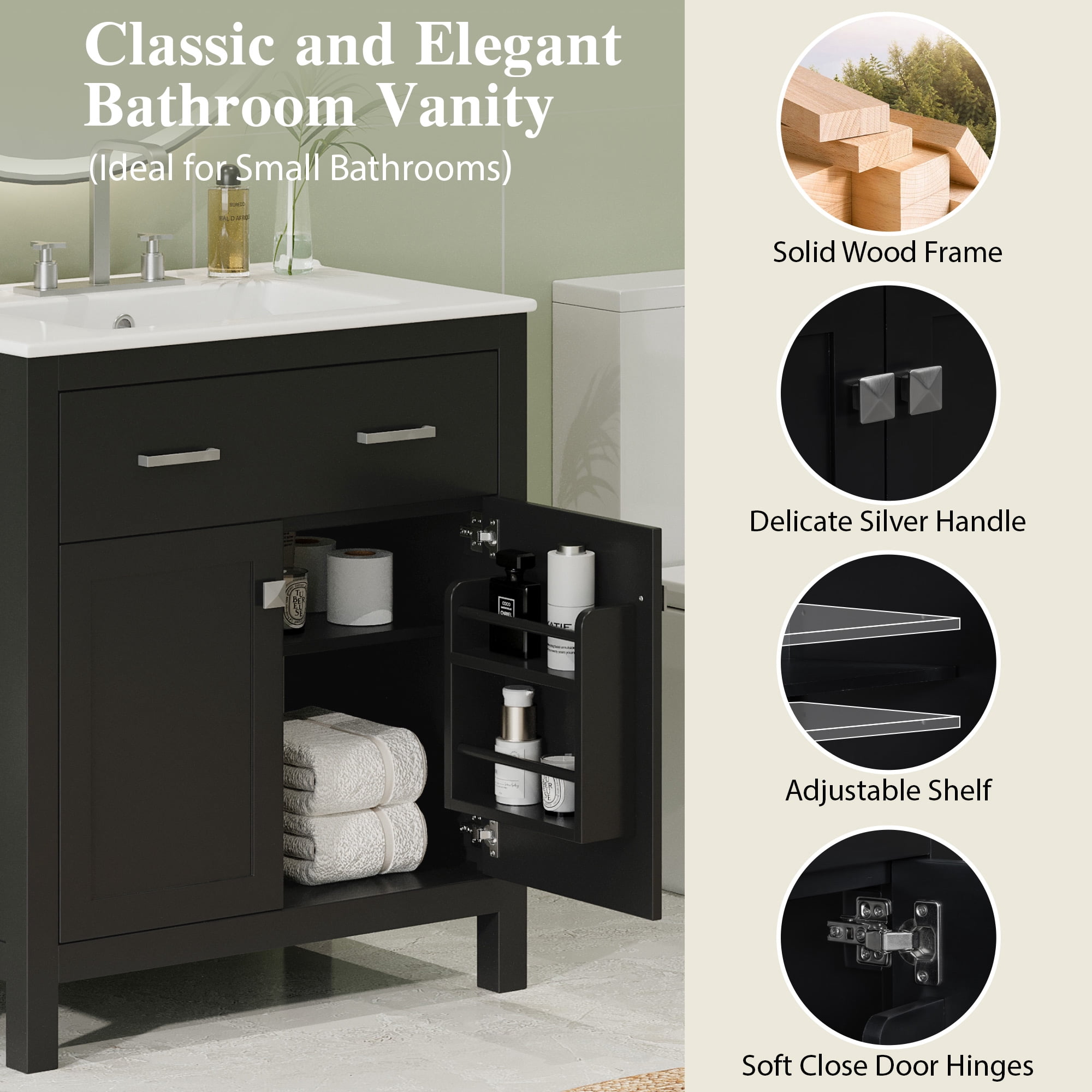 Euroco 60" Modern Black Bathroom Vanity Set with Double Vanities (Separate), Double Ceramic Sinks, Adjustable Shelf, Soft Close Doors and Flip Drawer– Modern Bathroom Solution for Spacious Bathrooms