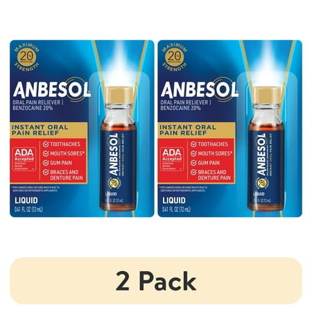 (2 pack) Anbesol Instant Oral Pain Relief, Benzocaine, Liquid Maximum Strength, 0.41 fl oz.