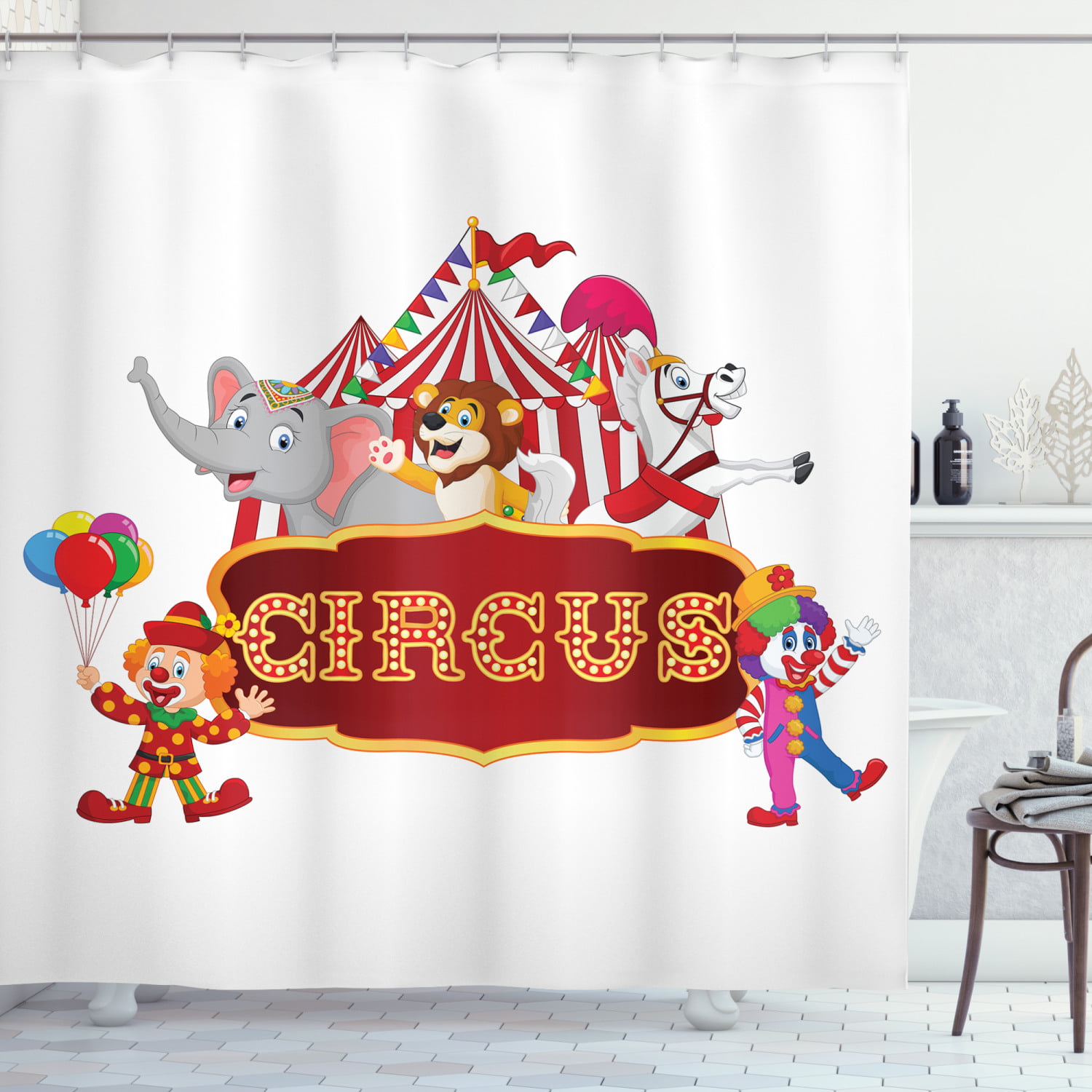 Blue Sky Cartoon White and Red Circus Tents Polyester Fabric Shower Curtain Set 