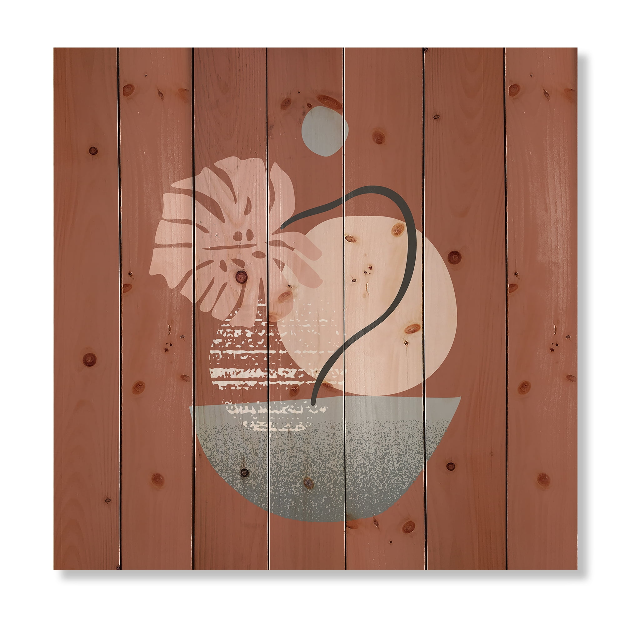 Designart 'Abstract Geometry Shapes and Tropical Palm Leaf IV' Modern Print on Natural Pine Wood