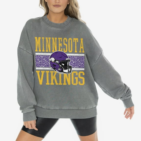 Women's-Gameday Couture Gray Minnesota Vikings Vintage Wash Oversized Crewneck Fleece Pullover