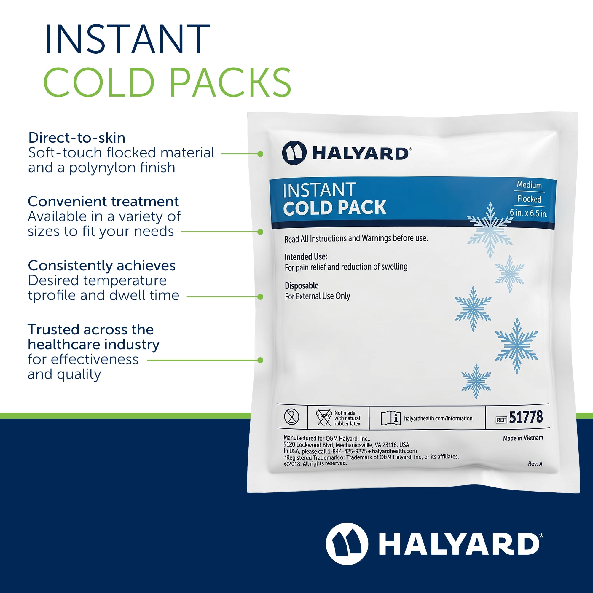 HALYARD Instant Cold Pack Disposable Cold Compress Ice Packs w/ Flocking for Swelling Injuries Toothaches Sprains Strains 6 X 6.5 Inches, 24 Packs Per Case - 51778