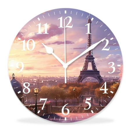 14 Inch Wall Clock Battery Operated Silent Clock Decorative for Office, Kitchen, Outdoor, Living Room,Romantic Paris Eiffel Tower France Sunset Style