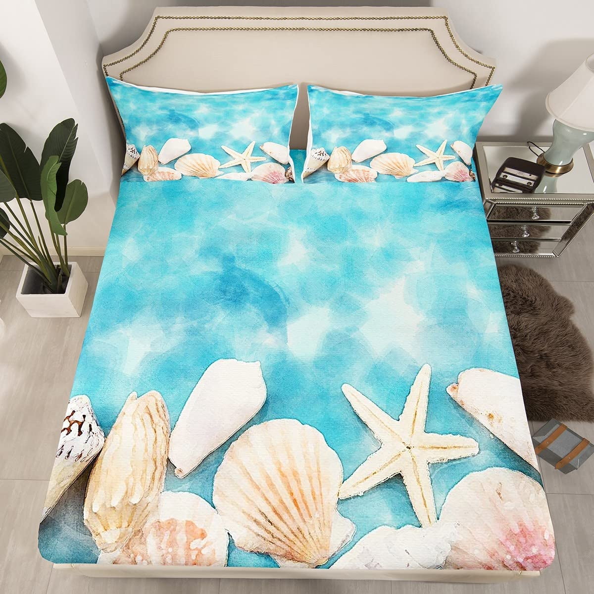 QIBAIDAN Fitted Sheet Vintage Wooden Wall Bed Sheets Summer Beach