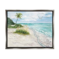 Stupell Industries Seagulls over Tropical Beach Landscape Painting Gray Floater Framed Canvas Art Print Wall Art, 31 x 25