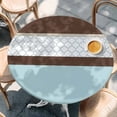 thumbnail image 2 of Blue Brown Morocco Round Tablecloth, Fitted Table Cover with Elastic for 36"-44" Round Tables, Geometric Stripes Aqua Stitching Table Cloth Outdoor Indoor Dinning Party Waterproof Tablecloths, 2 of 7