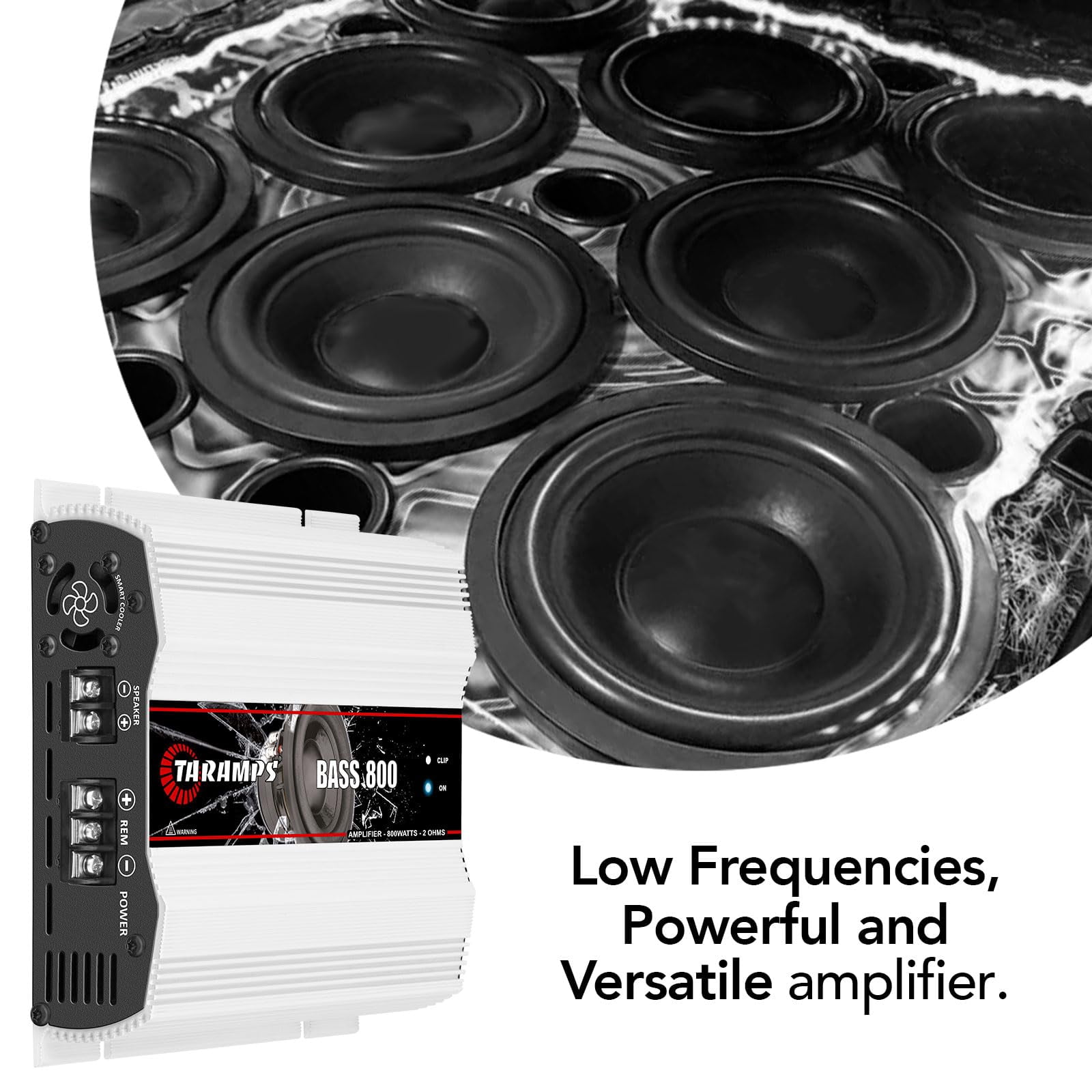 Taramps Bass 800 2 Ohms Monoblock Amplifier 800 Watts Rms 1 Channel 14.4VDC Out Power Full Range, Great for Sub/Bass - Rca/High Level Input, Car Audio