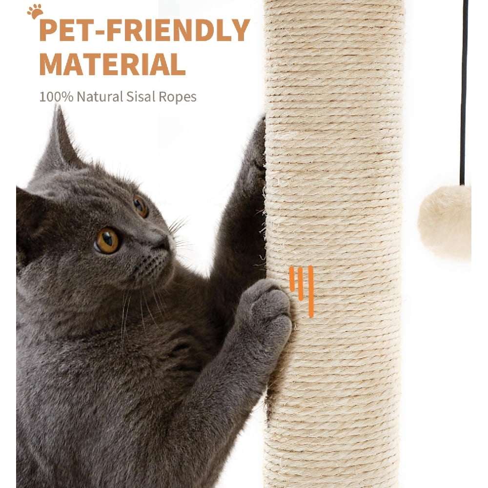 Cat Scratching Post for Indoor Cats, 23.4" Tall 2-Layer Sisal Cat Scratcher with Interactive Wooden Ball Track & Dangling Teaser Ball, Anti-Tip Solid Wood Base Kitten Play Toy