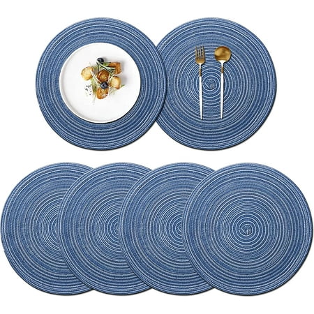 

Taehoxa 6 Pieces Set Round Dining Mat Woven Place Mat Kitchen Dining Table Patio Table Washable Heat Resistant Slip Mat for Indoor Outdoor Decor (Bright Blue)