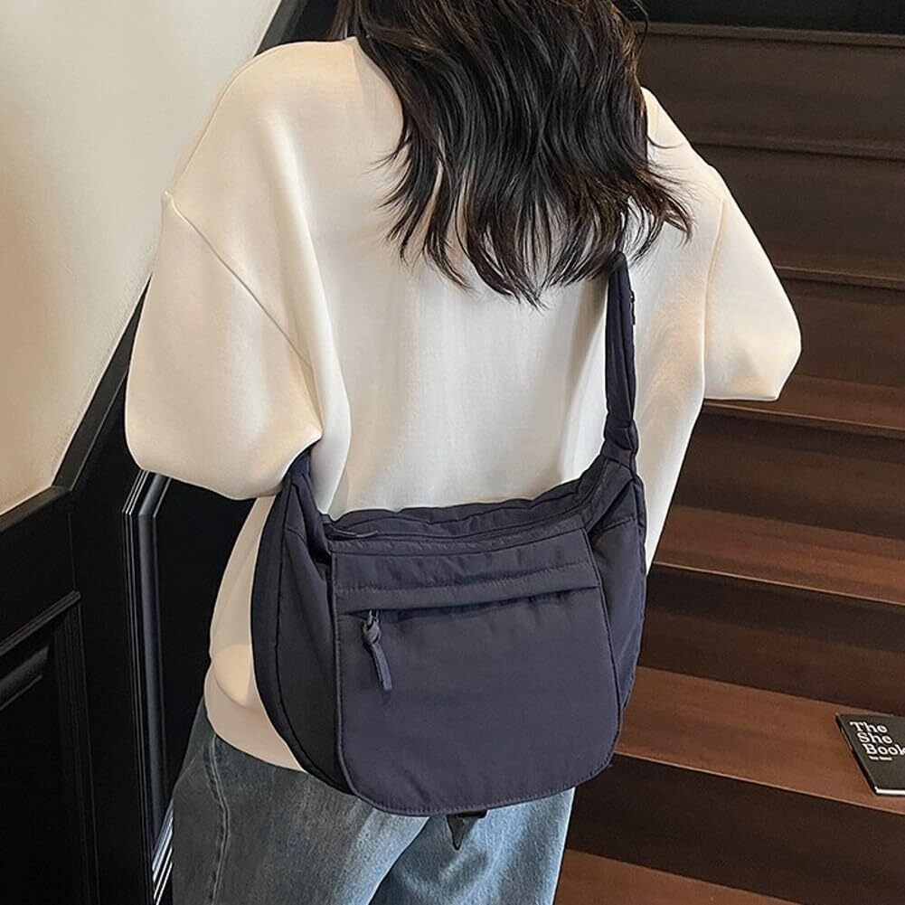 LKJYER Slouchy Nylon Bags for Women 2025 Crescent Crossbody Bag Hobo Shoulder Purse Work Travel Tote Handbag Everyday Purses