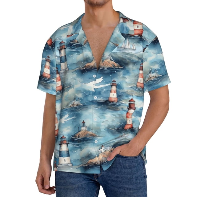 Fotbe Sea Marine And Lighthouse Camisa Estampada de Manga Corta para Hombre, Casual de Verano, Estilo Playero, Sin Arrugas-X-Large