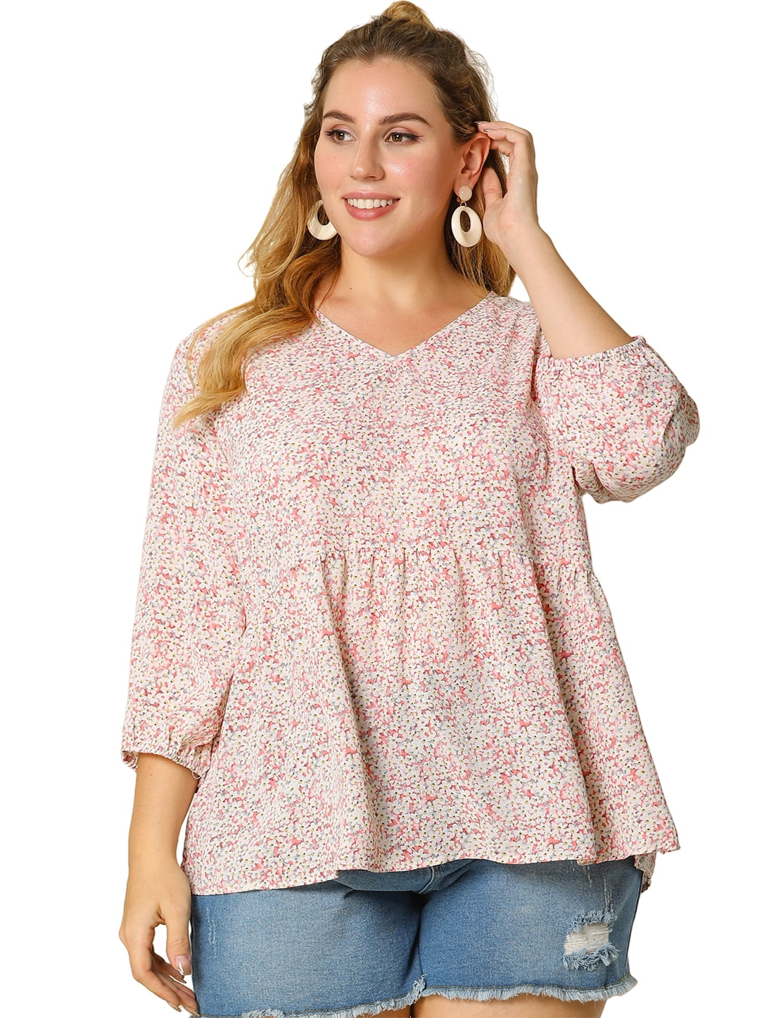 Women's Plus Size Tops Floral Ruffle Flowy Peplum Top 1X Pink | Walmart ...