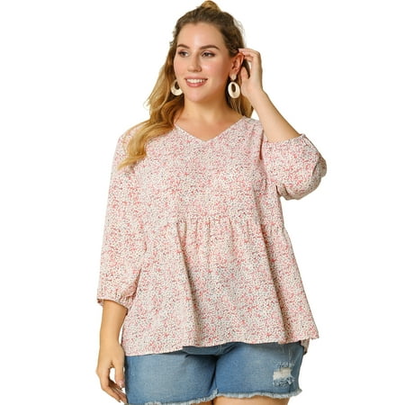 Women's Plus Size Tops Floral Ruffle Flowy Peplum Top 2X Pink | Walmart ...