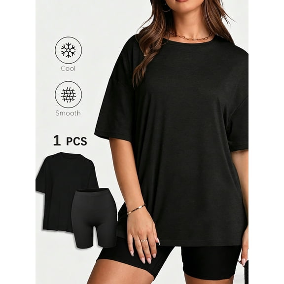 DENTOYOU 2 Piece Outfit for Women Lounge Sets Oversized Tshirts Matching Biker Short Summer Clothing for Travel Casual Black L