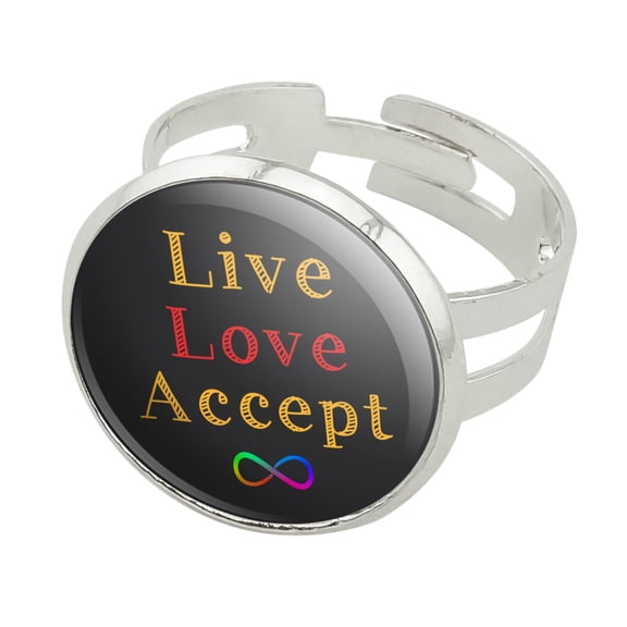 Live Love Accept Autism Awareness Infinity Rainbow Silver Plated Adjustable Novelty Ring