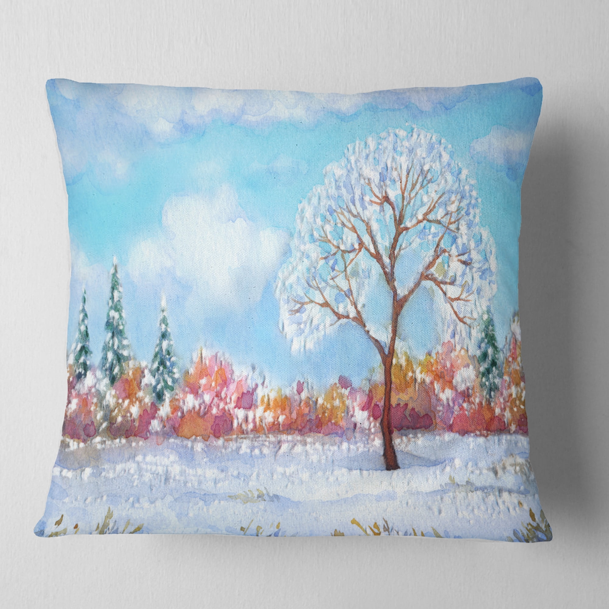 Designart Tree in Winter - Watercolor Painting Landscape Printed Throw Pillow - 16x16