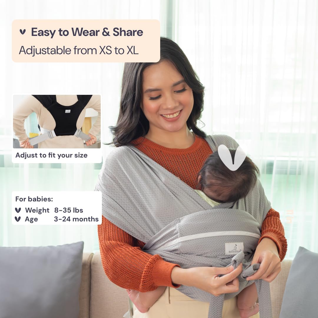 BabbleRoo Baby Wrap Carrier, Adjustable Baby Carriers for Newborn to Toddler,8-34 lbs, 3-24 months, Gray