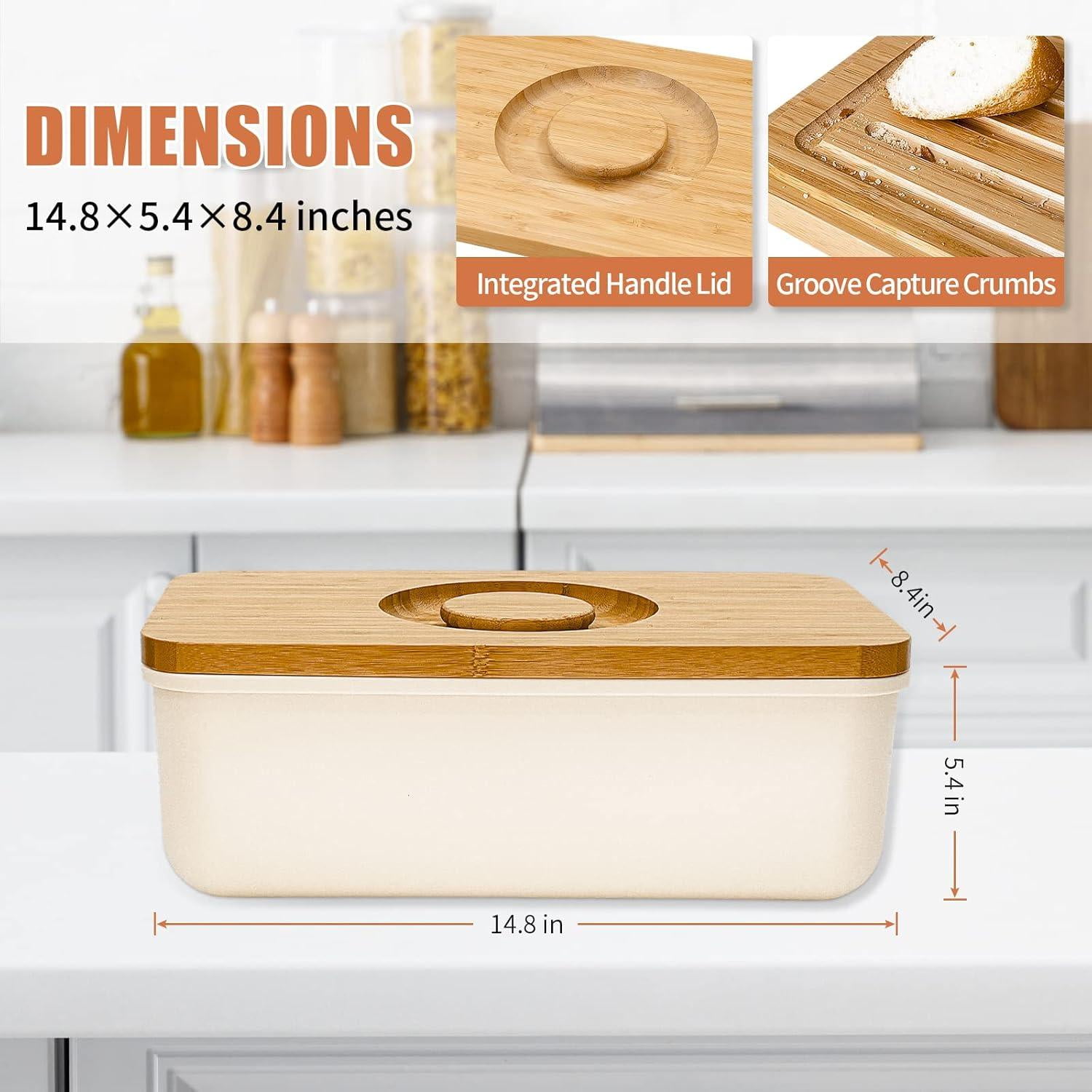 Bread Box With Bamboo Wood Cutting Board Lid & Bread Slicer Holder, Rectangular Cream Color Bread Container For Kitchen Countertop, 14.8 x 8.4 x 5.3in, Bread Storage Container