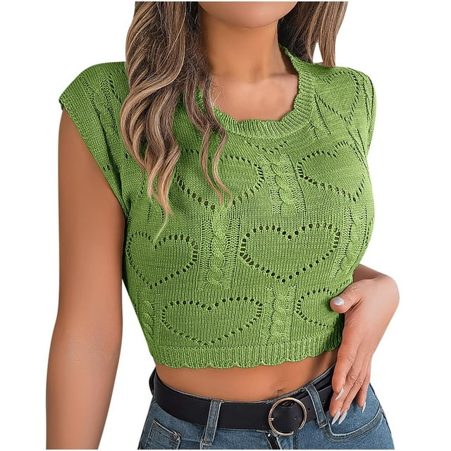 AherBiu Crop Tops pour Femmes Été Tricoté Crochet Couleur Unie Col Rond Manches Courtes Coupe Ample Pulls Tees