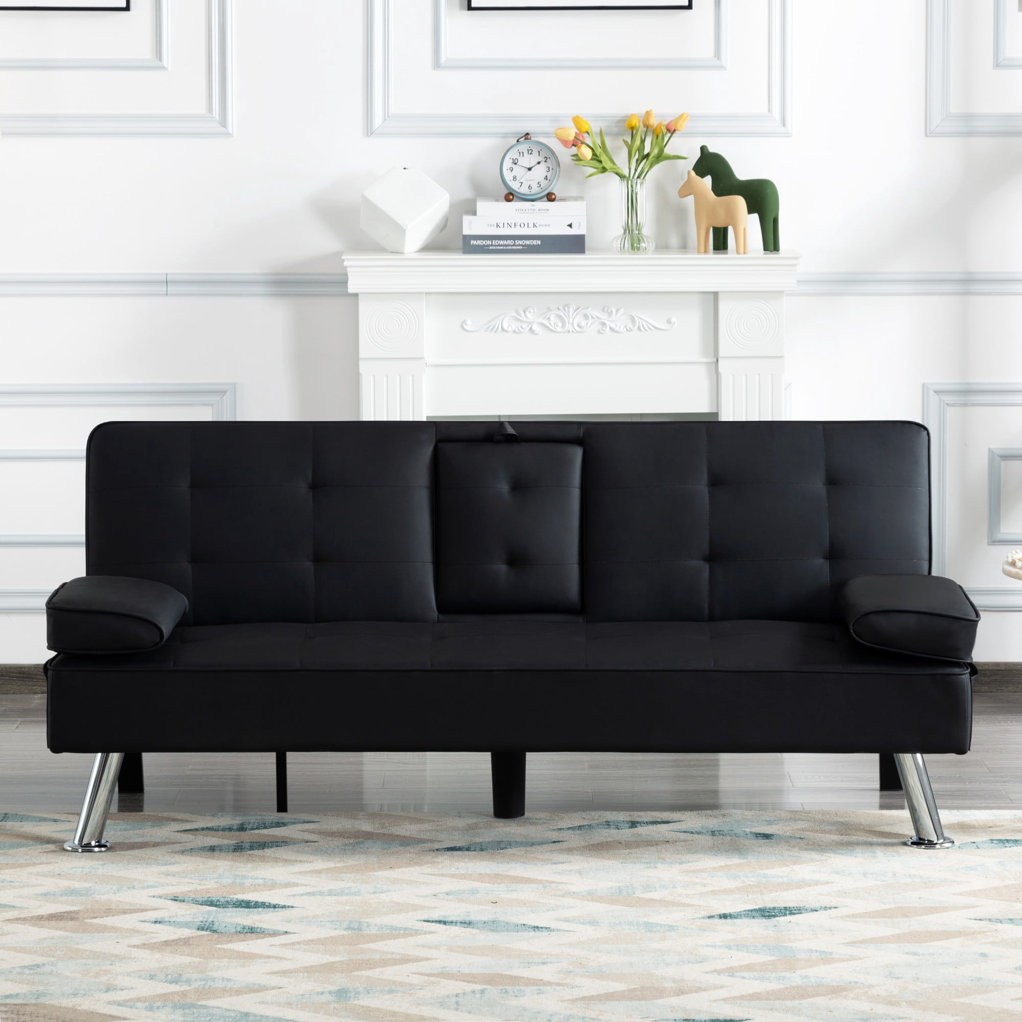 Gewnee 65.3" 3‑in‑1 Convertible Futon Sleeper Sofa, PU Leather Foldable Sleeper Couch with Adjustable Backrest,Sofa Bed with Cup Holders & Storage Bag for Small Apartments & Office，Black