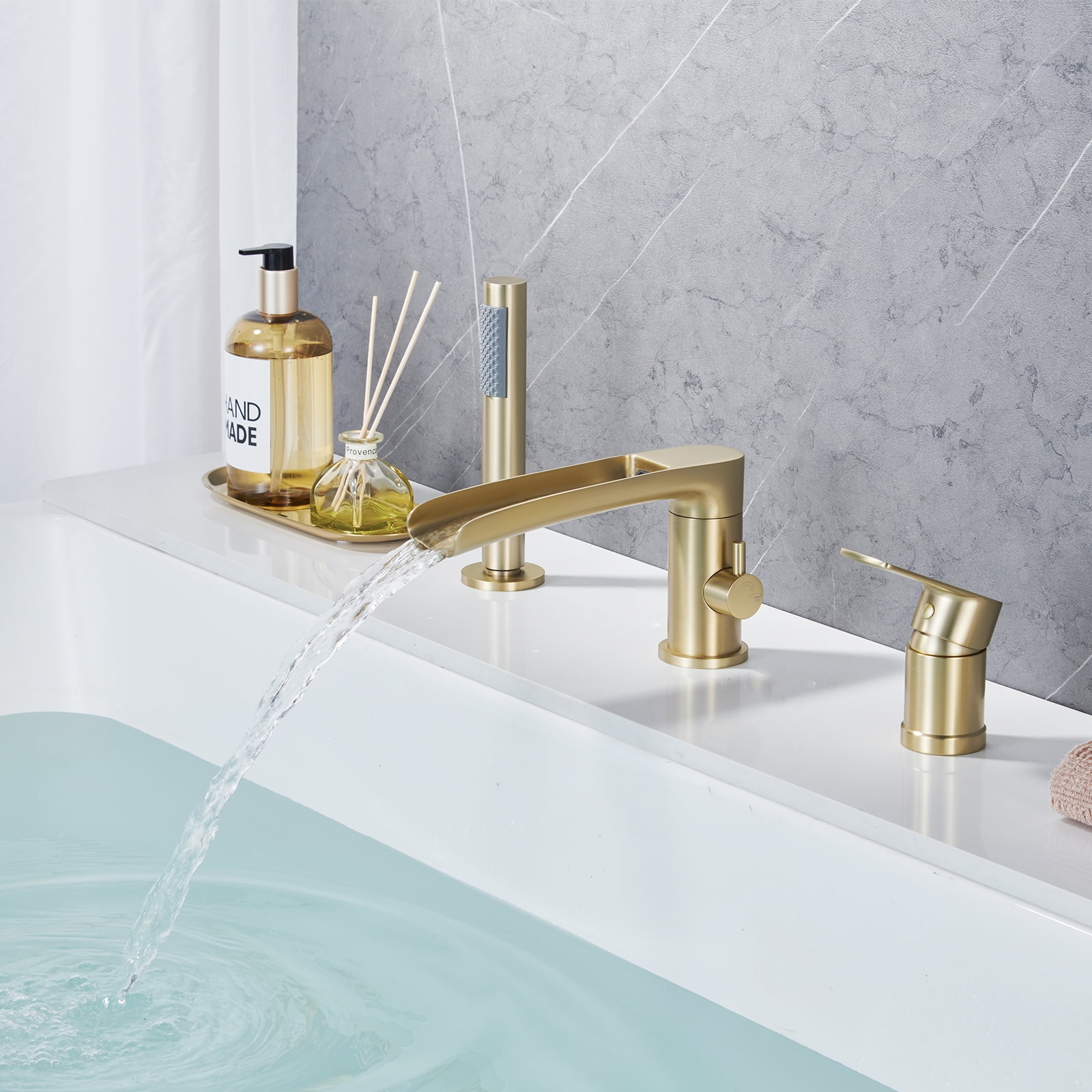 Roman Bathtub Faucet with Handheld Shower Sprayer Deck Mount 3-Hole Tub Filler Faucet Set, Brushed Gold Waterfall Roman Tub Faucet with Valve Included